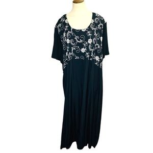 KATHRYN Deene Black White Embroidery Maxi Dress Short Sleeves Drawstring Sz 22